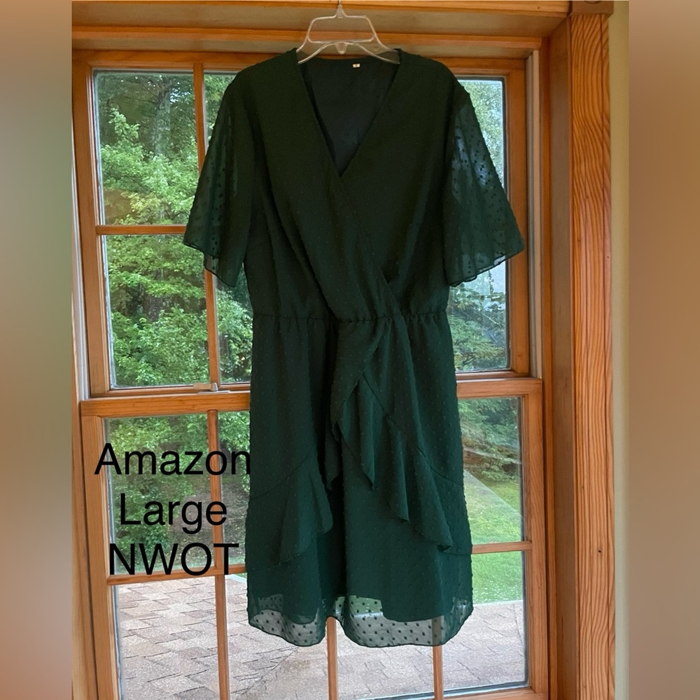 Green Swiss dot wrap look dress. Size large. NWOT -never worn